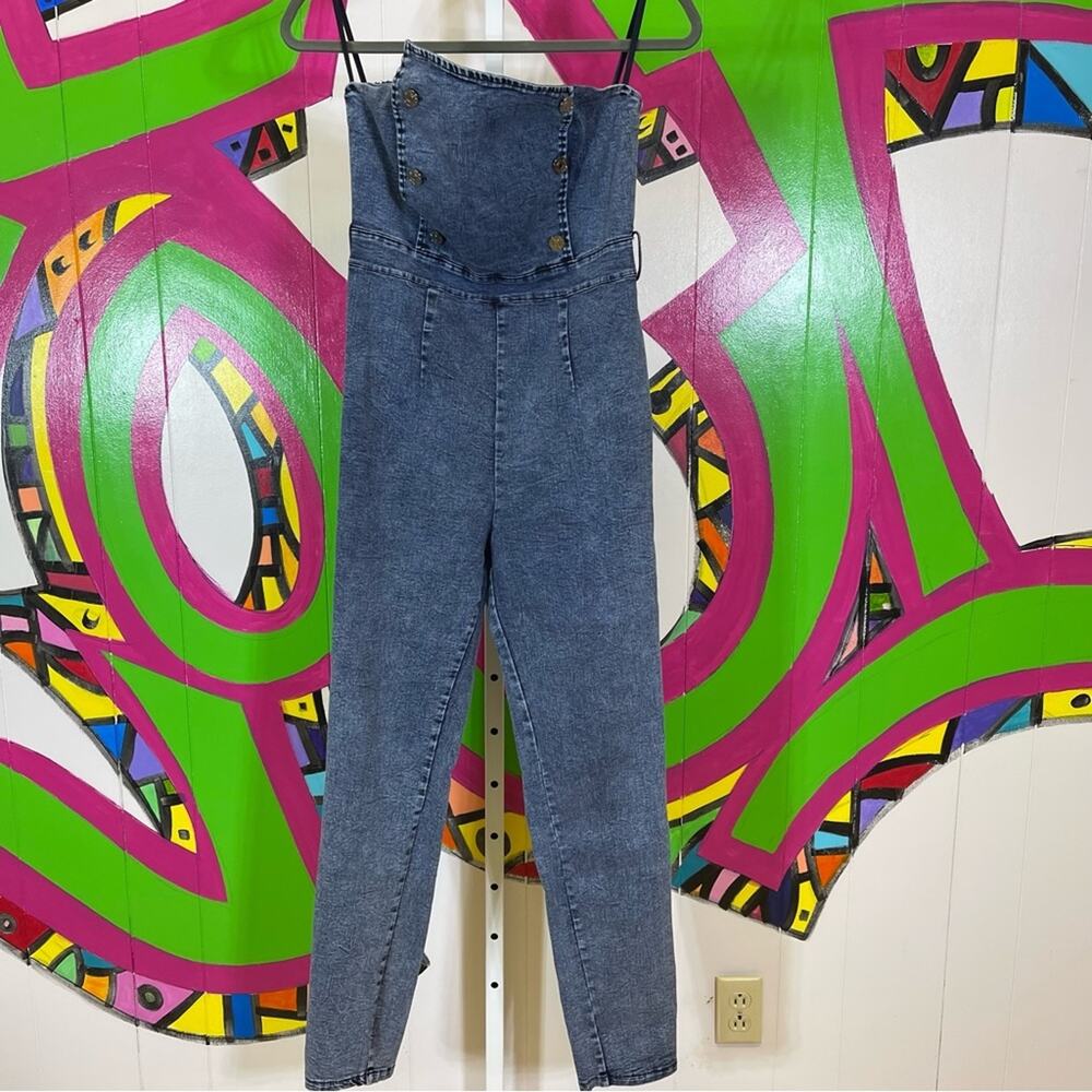 TRAC, Denim Strapless Jumpsuit. Size Medium. In excellent condition!